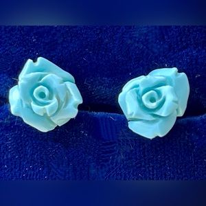 18K Sleeping Beauty Turquoise Carved Rose Earrings